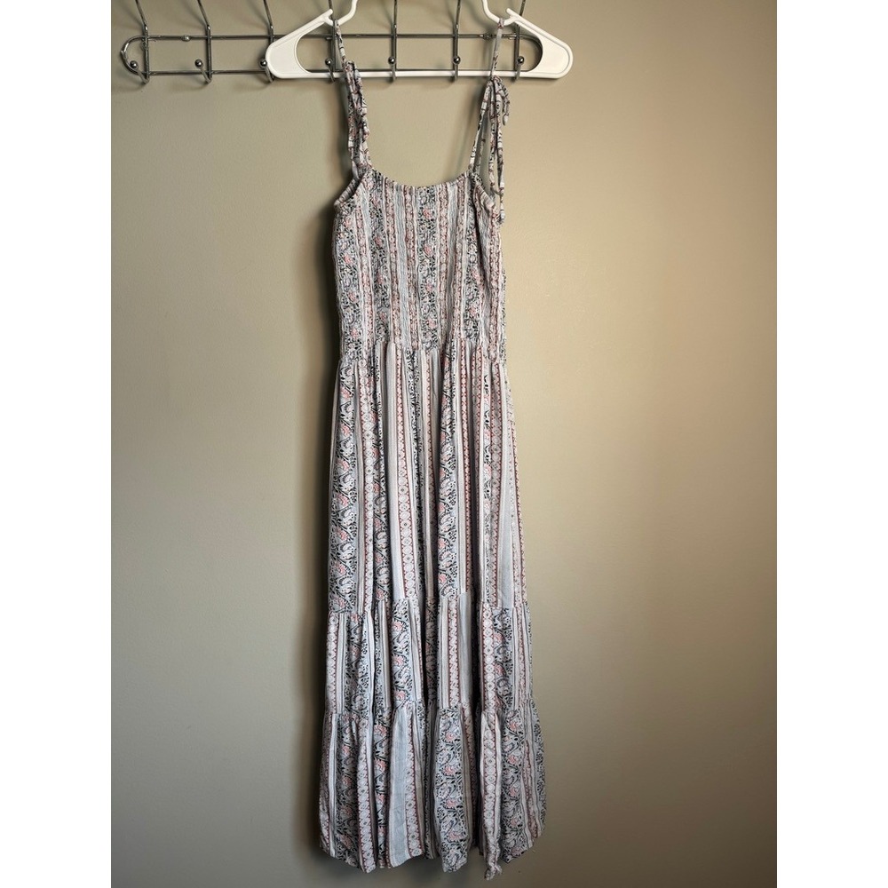 Rebellion Again Womens Blue Floral Smocked Tiered Midi Dress L Boho Summer Beach